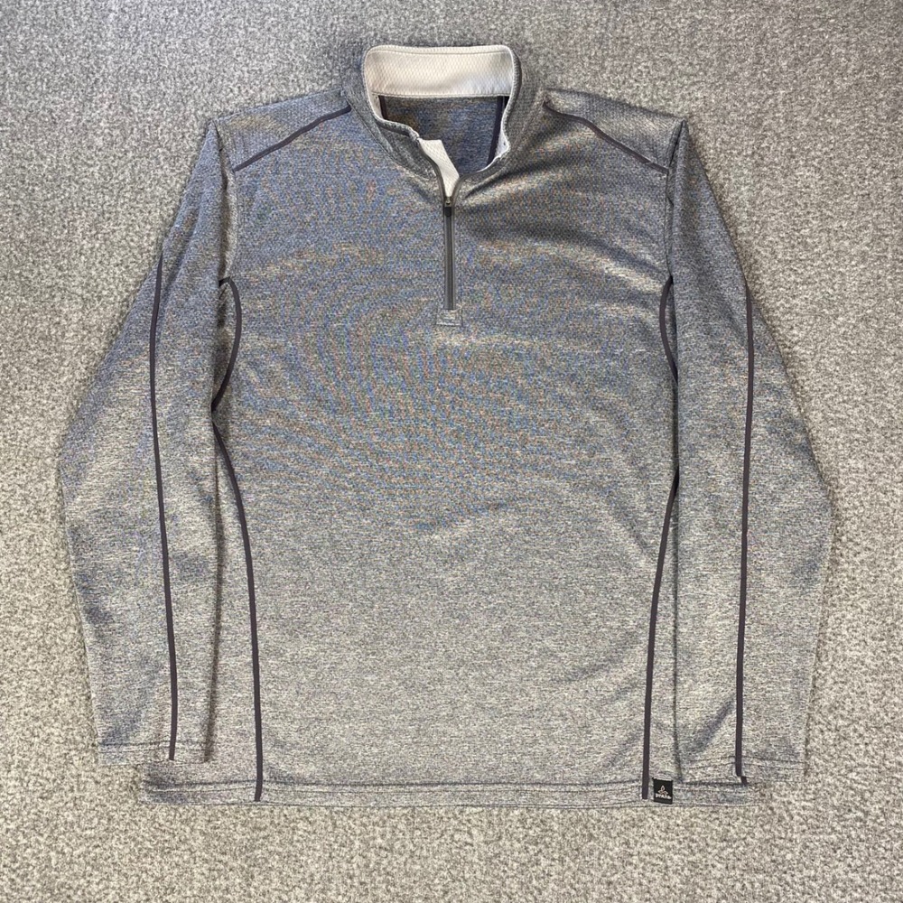 Prana Mens 1/4 Zip Pullover L Gray Breath Space Dye Activewear Hiking Sweater